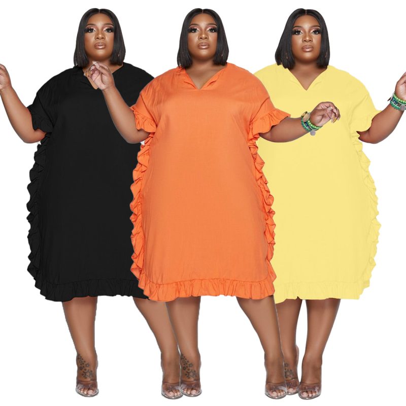 This Plus Size Dress Women's Fashion Loose v-Neck Solid Color Ruffle Casual Dress Short Women Dress Made Of Soft And Elastic Fabric. Global Lover Wholesale Plus Size Dresses And Hope Curvy Ladies Find Here a Warm And Exciting Place To Shop Affordable Curvy Dresses Online - Plus Size Casual