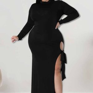 This Plus Size Fall Women Long Sleeve Slit Tie Maxi Dress Made Of Soft And Elastic Fabric. Global Lover Wholesale Plus Size Dresses And Hope Curvy Ladies Find Here a Warm And Exciting Place To Shop Affordable Curvy Dresses Online - Plus Size Casual