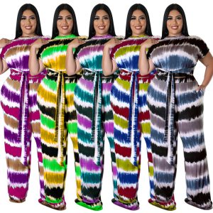 This Plus Size Fall Women's Fashion Tye Die Stripe Print Short Sleeve Tied Top Straight Leg Pants Two Piece Set Design And Made Of Comfortable And Elastic Fabric. Wholesale Plus Size Two Piece Sets Is a Must-Have Item For Curvy Ladies. Two Piece Sets Can Either Be Worn Together Or Individually