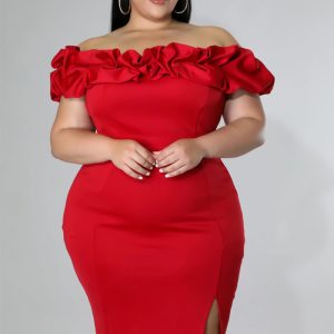 This Plus Size Fashion Party Gathering Off Shoulder Dress Chic Career Solid Dress Made Of Soft And Elastic Fabric. Global Lover Wholesale Plus Size Dresses And Hope Curvy Ladies Find Here a Warm And Exciting Place To Shop Affordable Curvy Dresses Online - Plus Size Casual