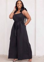 This Plus Size Lace Strap Back Cutout Solid Plus Size Cool Silk Loose Fit Jumpsuit Design Made Of High Quality Polyster And Spandex Material. It Is Stretchy