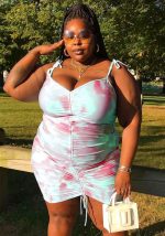 This Plus Size Lace-Up Tie Dye Drawstring Sexy Print v-Neck Low Back Dress Made Of Soft And Elastic Fabric. Global Lover Wholesale Plus Size Dresses And Hope Curvy Ladies Find Here a Warm And Exciting Place To Shop Affordable Curvy Dresses Online - Plus Size Casual