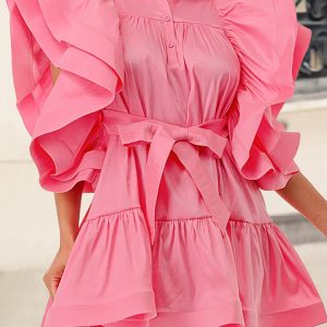 This Plus Size Ladies' Fashion Turndown Collar Flying Sleeve a-Line Dress Design Made Of High Quality Polyster And Spandex Material. It Is Stretchy