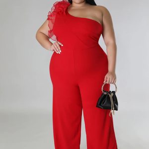 This Plus Size Ladies One Shoulder Mesh Wide Leg Pants Design Made Of High Quality Polyster And Spandex Material. It Is Stretchy