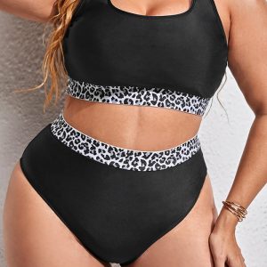 This Plus Size Leopard Patchwork Bikini Two-Piece Set Is Made Of Good Quality Lycra And Spandex Fabric