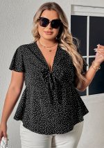 This Plus Size Loose Ladies Deep v Slim Waist Polka Dot Print Ladies Top Made Of Comfortable And Elastic Fabric. It Is Wholesale Sexy Plus Size Tops For Women. With The Gradual Rise Of Feminist Awareness