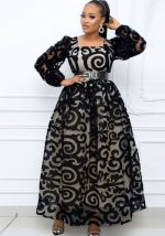 This Plus Size Mesh Elegant Maxi Black Mid-Rise Printed Chic Pullover Dress Excluding Belt Design Made Of High Quality Polyster And Spandex Material