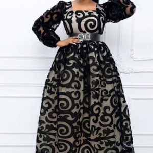 This Plus Size Mesh Elegant Maxi Black Mid-Rise Printed Chic Pullover Dress Excluding Belt Design Made Of High Quality Polyster And Spandex Material