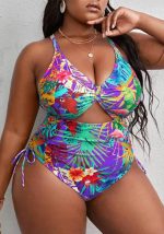 This Plus Size Multicolor Print Hollow Crossover Lace-Up One-Piece Swimsuit Is Made Of Good Quality Lycra And Spandex Fabric