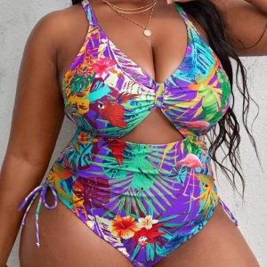 This Plus Size Multicolor Print Hollow Crossover Lace-Up One-Piece Swimsuit Is Made Of Good Quality Lycra And Spandex Fabric