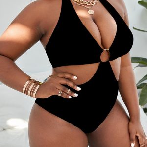 This Plus Size Multicolor Ring Print Halter Neck Sexy One Piece Swimsuit Is Made Of Good Quality Lycra And Spandex Fabric