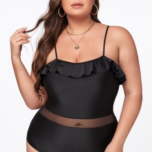 This Plus Size One-Piece Solid Strap Ruffle Low Back Sexy Bikini Swimsuit Is Made Of Good Quality Lycra And Spandex Fabric