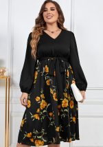 This Plus Size Print Loose Chic Slim Fit v-Neck High Waist Long Sleeve Floral Dress Made Of Soft And Elastic Fabric. Global Lover Wholesale Plus Size Dresses And Hope Curvy Ladies Find Here a Warm And Exciting Place To Shop Affordable Curvy Dresses Online - Plus Size Casual