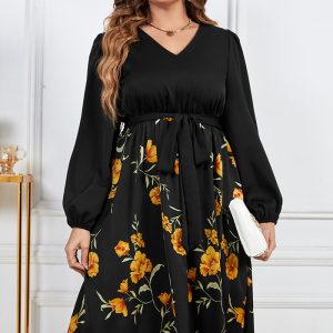 This Plus Size Print Loose Chic Slim Fit v-Neck High Waist Long Sleeve Floral Dress Made Of Soft And Elastic Fabric. Global Lover Wholesale Plus Size Dresses And Hope Curvy Ladies Find Here a Warm And Exciting Place To Shop Affordable Curvy Dresses Online - Plus Size Casual