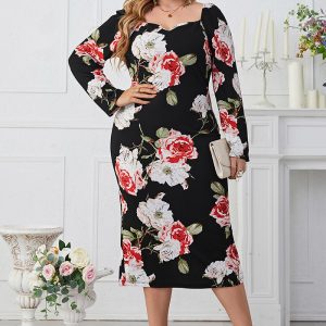 This Plus Size Printed Square Neck Slim Waist Bodycon Long Sleeve Dress Made Of Soft And Elastic Fabric. Global Lover Wholesale Plus Size Dresses And Hope Curvy Ladies Find Here a Warm And Exciting Place To Shop Affordable Curvy Dresses Online - Plus Size Casual