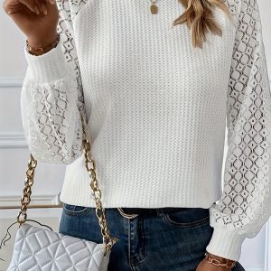 This Plus Size Round Neck Long-Sleeved Lace Patchwork Shirt For Women Made Of Comfortable And Elastic Fabric. It Is Wholesale Sexy Plus Size Tops For Women. With The Gradual Rise Of Feminist Awareness