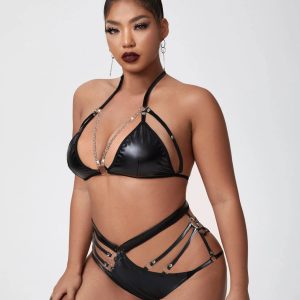 This Plus Size Sexy Erotic Leather Chain Bra And Panty Bikini Lingerie Set Made Of Durable And Elastic Material. Women¡¯s Plus Size Wholesale Lingerie At Global Lover Pay More Attention To The Novelty And Uniqueness Of Styles. We Offer Huge Selections Of Sexy Plus Size Lingerie Xl