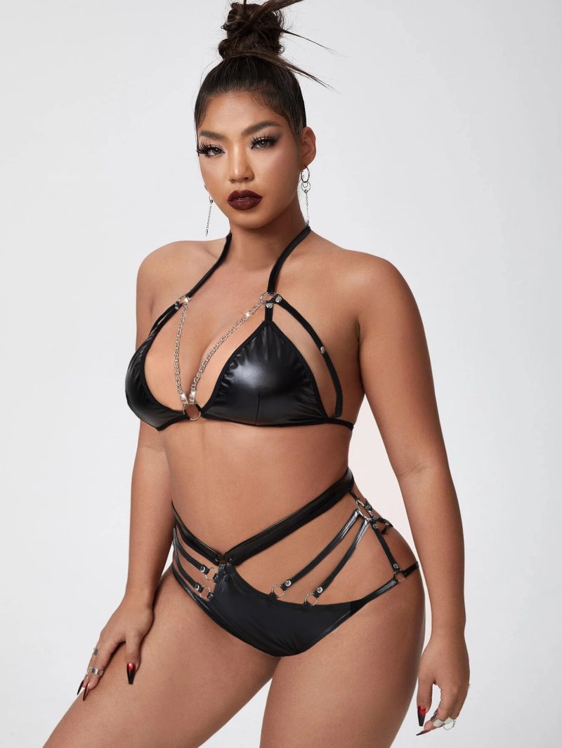 This Plus Size Sexy Erotic Leather Chain Bra And Panty Bikini Lingerie Set Made Of Durable And Elastic Material. Women¡¯s Plus Size Wholesale Lingerie At Global Lover Pay More Attention To The Novelty And Uniqueness Of Styles. We Offer Huge Selections Of Sexy Plus Size Lingerie Xl