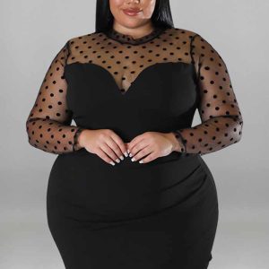 This Plus Size Sexy Mesh Patchwork Long Sleeve Bodycon Nightclub Women's Dress Made Of Soft And Elastic Fabric. Global Lover Wholesale Plus Size Dresses And Hope Curvy Ladies Find Here a Warm And Exciting Place To Shop Affordable Curvy Dresses Online - Plus Size Casual