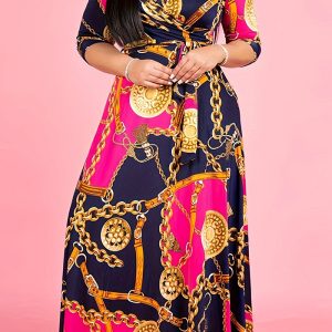 This Plus Size Sexy Printed Wrap v-Neck Maxi Dress Made Of Soft And Elastic Fabric. Global Lover Wholesale Plus Size Dresses And Hope Curvy Ladies Find Here a Warm And Exciting Place To Shop Affordable Curvy Dresses Online - Plus Size Casual