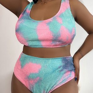 This Plus Size Sexy Tie Dye u-Neck Tank Top High Waist Bikini Two Piece Swimsuit Is Made Of Good Quality Lycra And Spandex Fabric