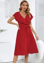 This Plus Size Sexy v-Neck Ruffle Sleeve Slim Tie a-Line Summer Women's Dress Design Made Of High Quality Polyster And Spandex Material. It Come With Good Stretch And Wearing Comfortable. Women¡¯s Midi Dresses Is Omnipotent And Suit For All Kinds Of Occasions - Daily Wear