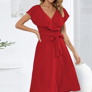 This Plus Size Sexy v-Neck Ruffle Sleeve Slim Tie a-Line Summer Women's Dress Design Made Of High Quality Polyster And Spandex Material. It Come With Good Stretch And Wearing Comfortable. Women¡¯s Midi Dresses Is Omnipotent And Suit For All Kinds Of Occasions - Daily Wear