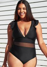 This Plus Size Solid Black Ruffled v-Neck One Piece Swimsuitsexy Spa Swimwear Is Made Of Good Quality Lycra And Spandex Fabric