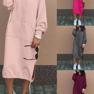 This Plus Size Solid Color Long Hoodies Dress Design Made Of High Quality Polyster And Spandex Material. It Is Stretchy