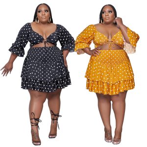 This Plus Size Strapless Skirt Summer Polka Dot Crop Skirt Suit Design And Made Of Comfortable And Elastic Fabric. Wholesale Plus Size Two Piece Sets Is a Must-Have Item For Curvy Ladies. Two Piece Sets Can Either Be Worn Together Or Individually