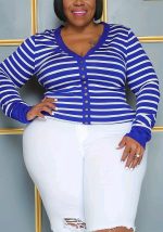 This Plus Size Striped Metal Button Long Sleeve Top Made Of Comfortable And Elastic Fabric. It Is Wholesale Sexy Plus Size Tops For Women. With The Gradual Rise Of Feminist Awareness