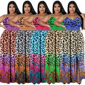 This Plus Size Summer Women's Leopard Strap Slit Swing Dress Design Made Of High Quality Polyster And Spandex Material