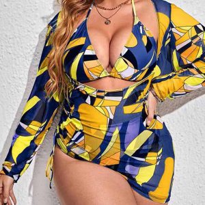 This Plus Size Three-Piece Swimwear Multicolor Printed Mesh Cover-Up Bikini Is Made Of Good Quality Lycra And Spandex Fabric