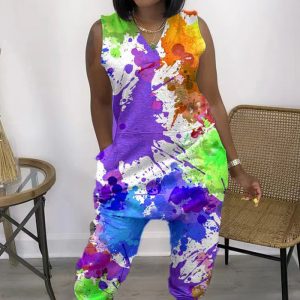 This Plus Size Tie Dye Jumpsuit Design Made Of High Quality Polyster And Spandex Material. It Is Stretchy