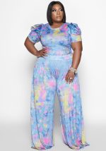 This Plus Size Tie-Dye Printed Puff-Sleeved Top Wide-Leg Pants Two-Piece Set Design And Made Of Comfortable And Elastic Fabric. Wholesale Plus Size Two Piece Sets Is a Must-Have Item For Curvy Ladies. Two Piece Sets Can Either Be Worn Together Or Individually