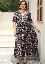 This Plus Size v-Neck Floral Printed Lace Patchwork Loose Long Dress Beach Holidays Dress Made Of Soft And Elastic Fabric. Global Lover Wholesale Plus Size Dresses And Hope Curvy Ladies Find Here a Warm And Exciting Place To Shop Affordable Curvy Dresses Online - Plus Size Casual