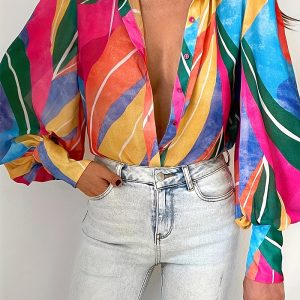 This Plus Size Winter And Spring Turndown Collar Printed Fashion Shirt Tops For Women Made Of Comfortable And Elastic Fabric. It Is Wholesale Sexy Plus Size Tops For Women. With The Gradual Rise Of Feminist Awareness