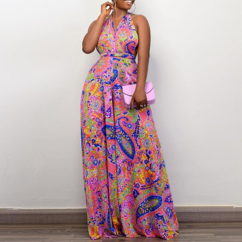 This Plus Size Women African Print Halter Neck Beach Jumpsuit Design Made Of High Quality Polyster And Spandex Material