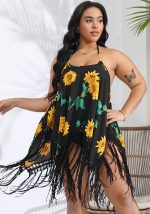 This Plus Size Women Beach Strap Printed Handhook Tassel Lace-Up Backless Dress Is Made Of Good Quality Lycra And Spandex Fabric