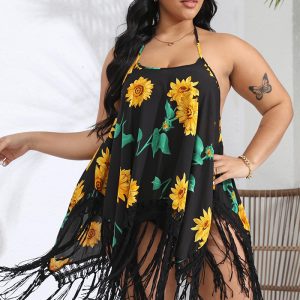 This Plus Size Women Beach Strap Printed Handhook Tassel Lace-Up Backless Dress Is Made Of Good Quality Lycra And Spandex Fabric