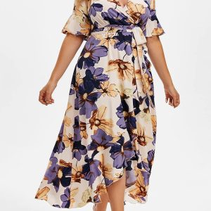 This Plus Size Women Casual Bohemian Print Irregular Short Sleeve Dress Made Of Soft And Elastic Fabric. Global Lover Wholesale Plus Size Dresses And Hope Curvy Ladies Find Here a Warm And Exciting Place To Shop Affordable Curvy Dresses Online - Plus Size Casual