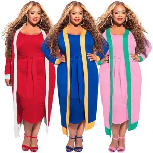 This Plus Size Women Casual Contrast Stripe Long Sleeve Jacket + Tank Top Dress Design And Made Of Comfortable And Elastic Fabric. Wholesale Plus Size Two Piece Sets Is a Must-Have Item For Curvy Ladies. Two Piece Sets Can Either Be Worn Together Or Individually