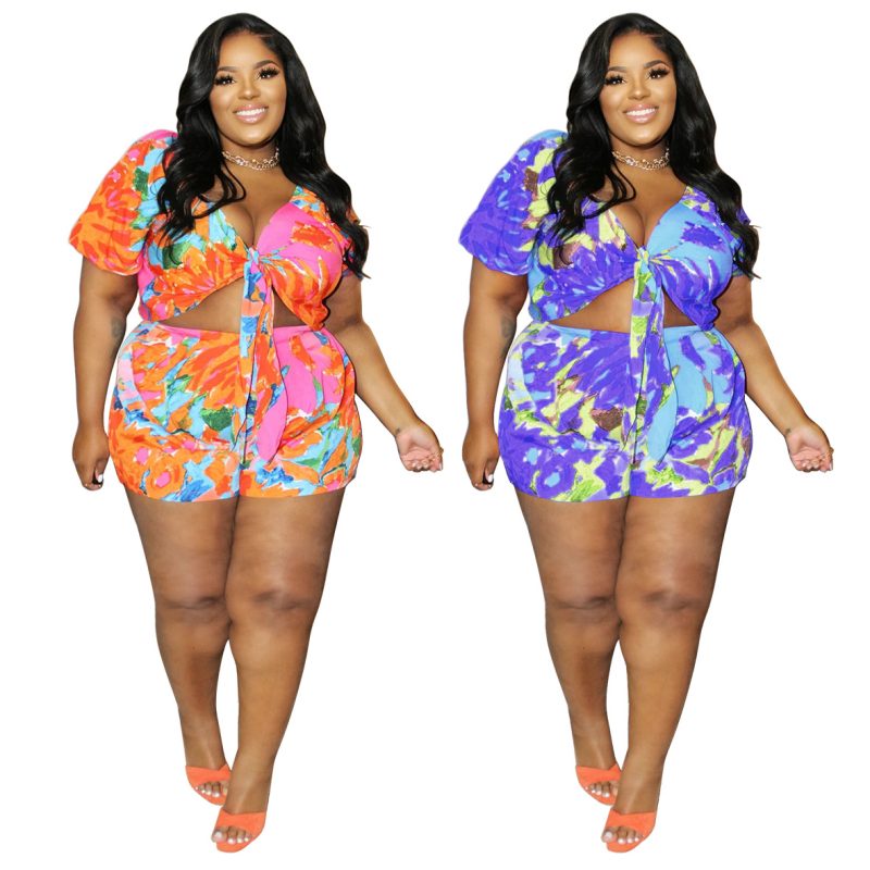 This Plus Size Women Casual Cut Out Lace-Up Print Top+ Shorts Two-Piece Set Design And Made Of Comfortable And Elastic Fabric. Wholesale Plus Size Two Piece Sets Is a Must-Have Item For Curvy Ladies. Two Piece Sets Can Either Be Worn Together Or Individually