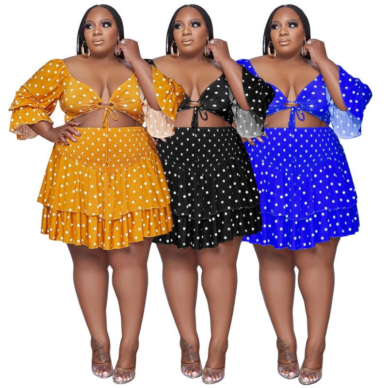 This Plus Size Women Casual Fashion Sexy Crop Top + Lotus Leaf Skirt Two Piece Set Design And Made Of Comfortable And Elastic Fabric. Wholesale Plus Size Two Piece Sets Is a Must-Have Item For Curvy Ladies. Two Piece Sets Can Either Be Worn Together Or Individually