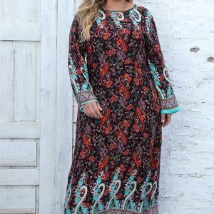 This Plus Size Women Casual Long Sleeve Printed Bohemian Dress Made Of Soft And Elastic Fabric. Global Lover Wholesale Plus Size Dresses And Hope Curvy Ladies Find Here a Warm And Exciting Place To Shop Affordable Curvy Dresses Online - Plus Size Casual