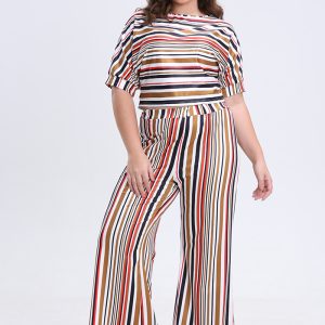 This Plus Size Women Casual Short Sleeve Top And Striped Wide Leg Pants Two-Piece Set Design And Made Of Comfortable And Elastic Fabric. Wholesale Plus Size Two Piece Sets Is a Must-Have Item For Curvy Ladies. Two Piece Sets Can Either Be Worn Together Or Individually