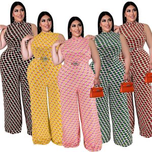 This Plus Size Women Clothes Elegant Plaid Stand Collar Sleeveless Wide Leg Jumpsuit Design Made Of High Quality Polyster And Spandex Material. It Is Stretchy