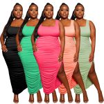 This Plus Size Women Clothes Fashion Sexy Solid Color u-Neck Sleeveless Pleated Slit Midi Dress Made Of Soft And Elastic Fabric. Global Lover Wholesale Plus Size Dresses And Hope Curvy Ladies Find Here a Warm And Exciting Place To Shop Affordable Curvy Dresses Online - Plus Size Casual