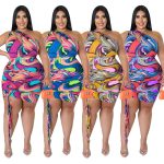 This Plus Size Women Clothes Print One Shoulder Sleeveless Keyhole Sexy Drawstring Bodycon Dress Made Of Soft And Elastic Fabric. Global Lover Wholesale Plus Size Dresses And Hope Curvy Ladies Find Here a Warm And Exciting Place To Shop Affordable Curvy Dresses Online - Plus Size Casual