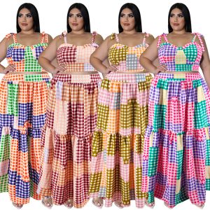 This Plus Size Women Clothes Summer Plaid Crop Strap Top Loose Swing Skirt Two Piece Set Design And Made Of Comfortable And Elastic Fabric. Wholesale Plus Size Two Piece Sets Is a Must-Have Item For Curvy Ladies. Two Piece Sets Can Either Be Worn Together Or Individually